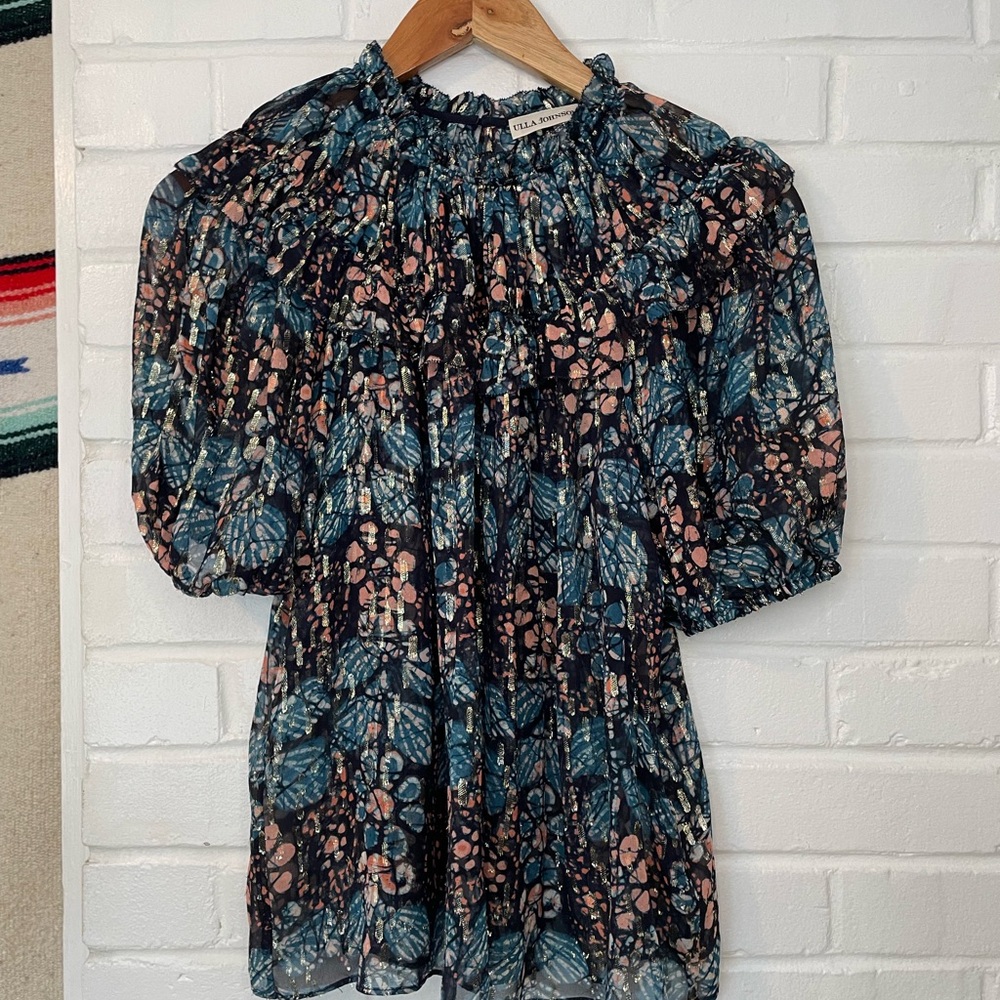 ULLA JOHNSON Isadora Indigo Floral Shift Silk Blouse Women’s Size 6 Luxury